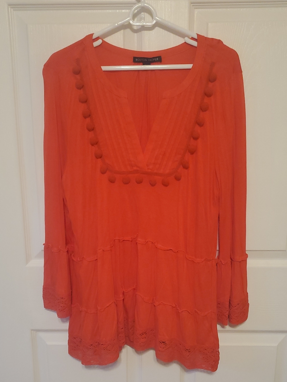 Boston Proper Bright Orange Pom-Trim Tiered Tunic